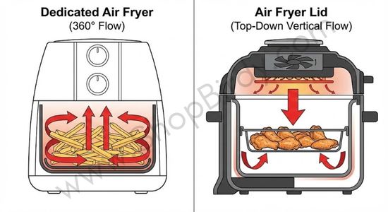This diagram visually explains the core difference in cooking performance. It highlights why the multi-cooker lid's top-down airflow is less efficient than a dedicated air fryer's 360° convection