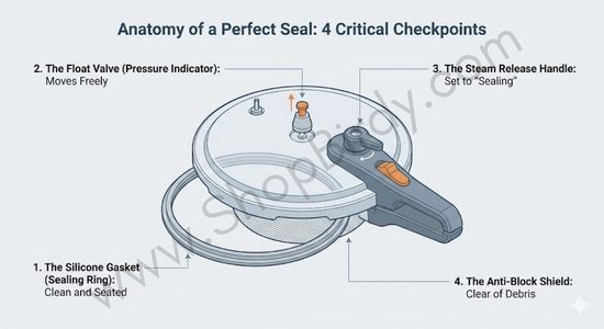An exploded diagram of the pressure cooker lid highlighting the four critical components for creating a seal: the silicone gasket, float valve, steam release handle, and anti-block shield. This educates the user on what parts to inspect and maintain.