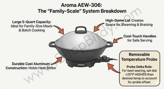 An annotated product map highlighting the 5-quart capacity and unique high-dome lid. It calls out specific usage tips from the review, such as the "Probe Delta" rule (setting the dial +25°F higher)
