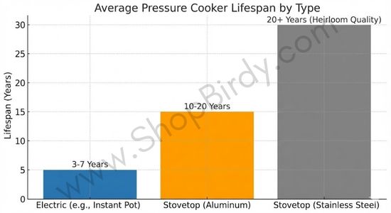 This chart provides a clear, at-a-glance comparison of the expected lifespans for electric, aluminum stovetop, and stainless steel stovetop pressure cookers. It directly visualizes the core data from your post, highlighting the superior longevity of stainless steel models.