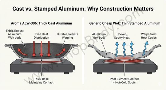 A cross-section comparison illustrating the review's key point about durability. It visualizes why the Aroma's thick cast body maintains better contact with the heating element compared to cheaper thin stamped woks that warp over time.