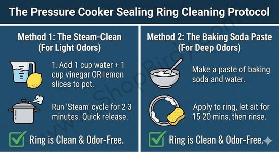 This visual provides a clear, side-by-side comparison of the two most effective cleaning methods—the steam-clean for light odors and the baking soda paste for deep odors—in a simple, easy-to-follow checklist format.