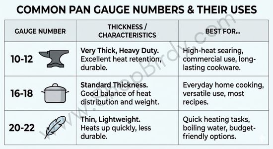 A handy reference chart listing common gauge numbers, their corresponding characteristics (thickness, weight), and the best cooking applications for each type.