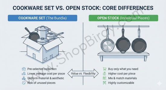 A visual summary illustrating the fundamental difference between buying a pre-packaged cookware set (the bundle) versus selecting individual pieces (open stock), highlighting the key trade-off between value and flexibility.