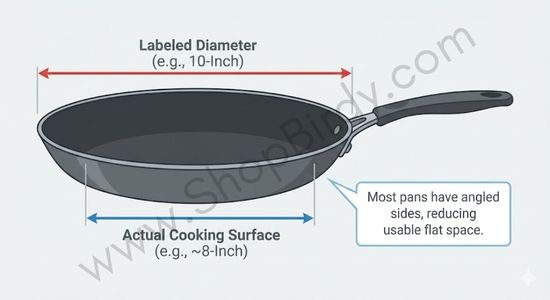 This diagram clarifies the common misconception that a pan's size refers to its cooking area. By highlighting the difference between the rim-to-rim diameter and the actual flat contact surface, it helps readers choose a pan that fits their specific ingredient volume.