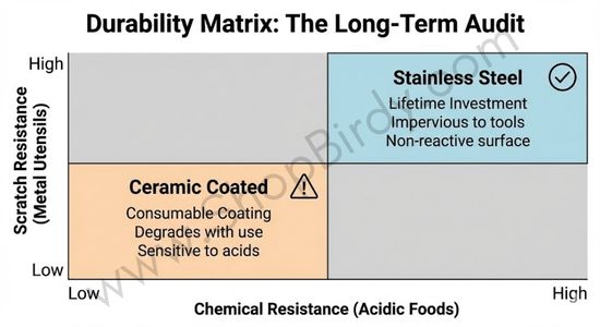 This 2x2 matrix summarizes the long-term durability comparison. It plots "Scratch Resistance" against "Chemical Resistance," providing a clear, at-a-glance summary of why stainless steel is considered a "lifetime investment" while ceramic coatings are a "consumable."