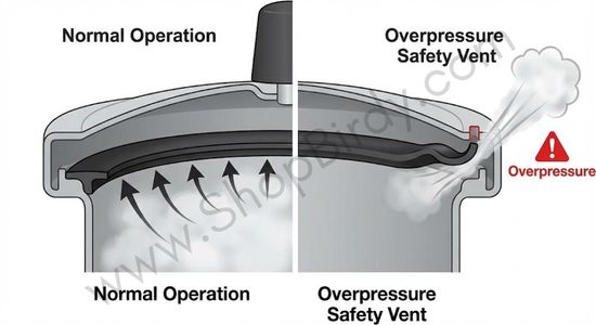 This cross-section diagram illustrates the dual role of the sealing ring (gasket). It shows how it creates a seal under normal conditions and how it acts as a fail-safe by pushing out to release excess pressure if the primary valves fail.
