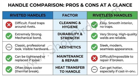 A scannable matrix summarizing the advantages and disadvantages of riveted and rivetless handles across key factors like cleaning, durability, and aesthetics. This provides a quick, high-level overview of the article's main arguments.
