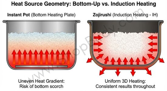 This diagram visualizes the fundamental difference in how heat is applied. It clarifies the physics behind the Zojirushi's superior consistency, showing how induction heating provides uniform, 3D heat compared to the Instant Pot's bottom-only heat gradient.