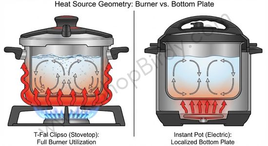 This side-by-side diagram illustrates the "Heat Source Geometry" concept. It shows the difference between the stovetop's full-burner heat application, which creates vigorous convection, and the electric cooker's localized heating element, which is more gentle and centered.