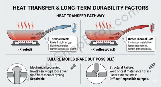 This visual explains two subtler but important points: how the handle attachment affects heat transfer (rivets create a thermal break) and the potential, albeit rare, failure modes of each type over time.