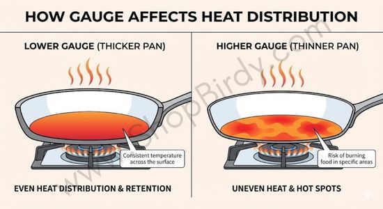 A side-by-side comparison demonstrating how pan thickness influences cooking performance. The left side shows a thick pan providing even heat, while the right shows a thin pan developing hot spots.