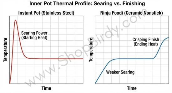 This chart contrasts the thermal behavior of the two default inner pots. It visually explains the core trade-off: the Instant Pot's stainless steel pot is better for high-heat searing before pressure cooking, while the Ninja Foodi's ceramic nonstick pot excels at adding a high-heat crisping finish after.