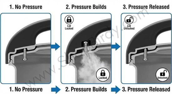This sequential diagram simplifies the operation of the lid locking pin. It shows the three stages: no pressure (unlocked), pressure builds (locked), and pressure released (unlocked), making this crucial safety feature easy to understand.