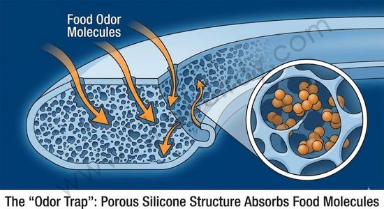 This diagram visually explains the science behind why the sealing ring gets smelly. By showing the porous, sponge-like structure of the silicone on a microscopic level, it helps to understand that the odor isn't just on the surface—it's trapped deep inside the material.