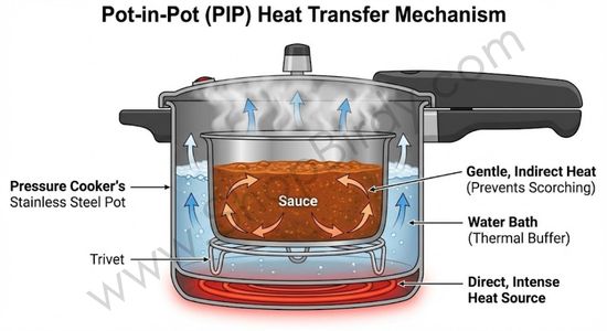 This diagram illustrates how Pot-in-Pot cooking works by creating a water bath that moderates heat, preventing scorching and allowing for more delicate cooking, a key concept for understanding this accessory's value.