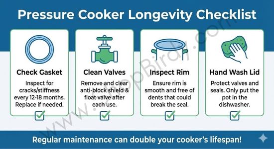 This is a practical, actionable infographic that summarizes the key maintenance tips from your article. It serves as a handy visual guide for readers, encouraging them to perform the simple checks and cleanings that can significantly extend their pressure cooker's lifespan.