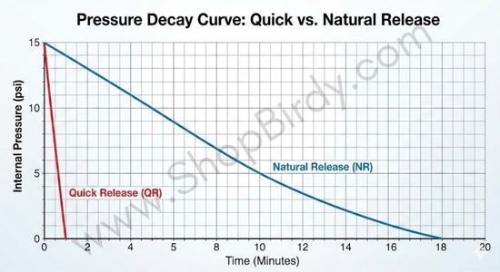This image shows the dramatic difference in pressure drop over time between Quick Release and Natural Release, helping readers understand that Quick Release is a violent physical event, not just a faster version of Natural Release.