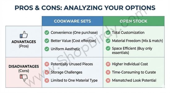 An easy-to-scan grid detailing the specific advantages and disadvantages of both cookware sets and open stock purchasing, allowing readers to quickly weigh the benefits against the downsides based on the article's points.
