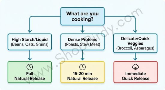This flowchart is a practical tool to use in the kitchen. It condenses the information "Master Table" into a simple, easy-to-follow decision tree, allowing to quickly determine the best release method based on what you are cooking.
