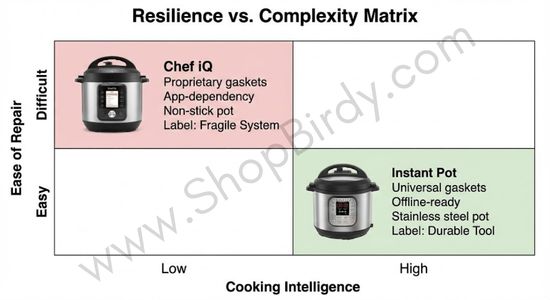 This 2x2 matrix provides a clear, at-a-glance summary of the long-term trade-offs between the two cookers. It plots "Cooking Intelligence" against "Ease of Repair," helping you decide between the high-tech but fragile Chef iQ and the simpler but more durable Instant Pot.