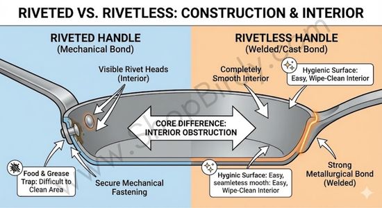 A side-by-side visual comparing how each handle type is attached to the cookware. It highlights the visible rivets and "food trap" in riveted handles versus the seamless, easy-to-clean interior of rivetless handles