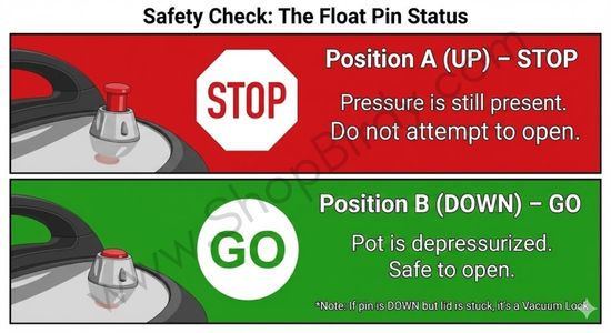 This high-contrast visual provides an immediate, unambiguous safety check, with a crucial note that if the pin is down but the lid is still stuck, it's a vacuum lock and not residual pressure.