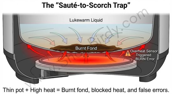 This diagram visually explains the most common failure point of budget cookers. It shows how a thin inner pot creates a localized hotspot, causing fond to burn and block heat from the sensor, leading to a false "burn error" while the food remains undercooked.