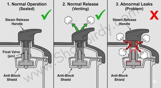 This diagram provides a clear visual baseline to understand how the valves should work, making it easier to identify when something is wrong. It highlights the key components and shows both normal operation and abnormal leaks.