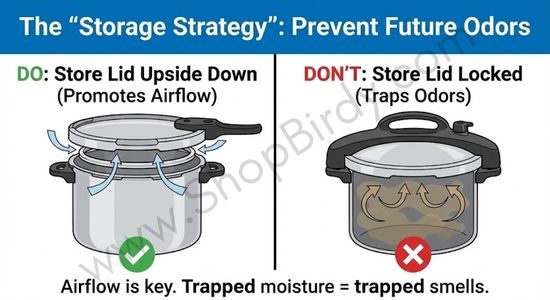 This visual reinforces the importance of proper storage as a preventative measure. It uses a simple "Do's and Don'ts" format to clearly illustrate the "lid upside down" technique, explaining that airflow is key to preventing trapped moisture and future odors.