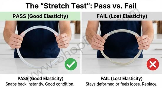This visual provides a clear, side-by-side comparison of what a healthy, elastic gasket looks like when stretched versus a worn-out one that has lost its tension. This gives simple, reliable test which you can perform at home.