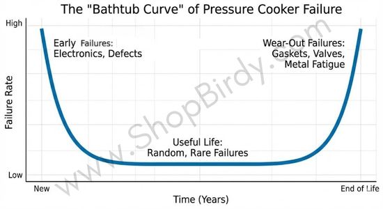 This diagram illustrates the concept of the "bathtub curve" mentioned in your post. It visually explains that failures are most likely to occur either very early in a cooker's life (due to defects) or at the very end (due to wear and tear), with a long, stable period of useful life in between.