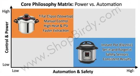 This 2x2 matrix summarizes the fundamental philosophical split between the two cookers. It plots "Control & Power" against "Automation & Safety," helping your readers identify at a glance which cooker aligns best with their personal cooking style and needs.
