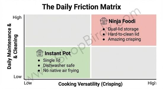 This matrix condenses the "daily friction" argument into a simple decision tool. By plotting "Daily Maintenance & Cleaning" against "Cooking Versatility (Crisping)", it provides a clear, at-a-glance summary of the fundamental trade-offs between the high-effort, high-reward Ninja Foodi and the low-effort, reliable Instant Pot.