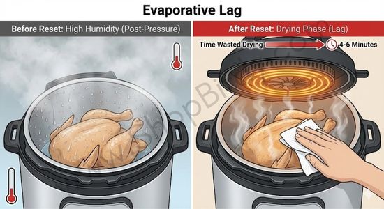 This before-and-after illustration brings your "Evaporative Lag" concept to life. It shows the practical reality of a high-humidity environment after pressure cooking and the manual effort required to overcome it.
