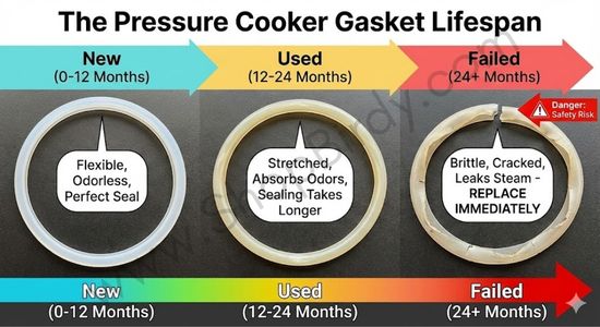 This timeline shows the physical changes a gasket undergoes over time—from a clear, flexible new ring to a discolored, brittle, and cracked failed one—making it easy to identify the state of gasket.