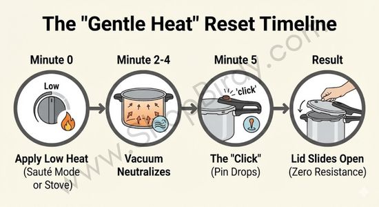This simple timeline manages user expectations during the fix. You should not get impatient and resort to prying the lid, which could damage the cooker.