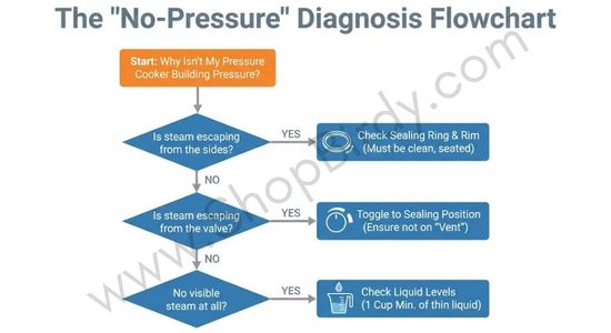 This step-by-step flowchart provides a logical path for diagnosing pressure issues. It guides the user through checking for steam leaks at the sides and valve, and finally, verifying liquid levels, which are the most common culprits.