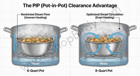 This cross-section diagram illustrates the major technical advantage of the 8-quart size for Pot-in-Pot cooking. It shows how the extra space allows for optimized steam circulation, leading to more even heating compared to the restricted airflow in a 6-quart pot.