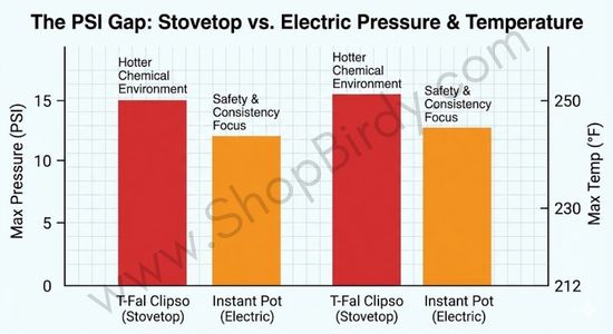 This bar chart directly visualizes the PSI Gap. It makes the abstract concept of PSI into a clear, visual comparison of temperature, emphasizing the stovetop's ability to reach a hotter chemical environment for better flavor extraction.