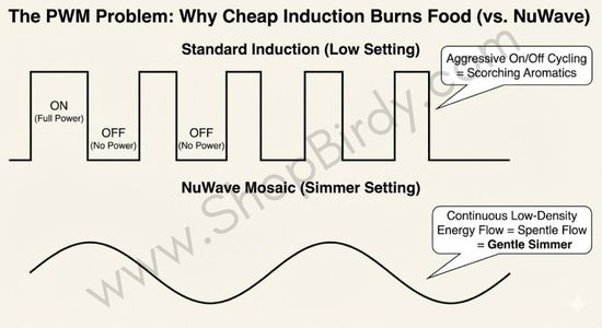 A waveform diagram explaining the article’s section on "The PWM Problem." It contrasts the aggressive on/off cycling of standard induction with the Mosaic’s continuous low-density power, explaining why one scorches and the other simmers.
