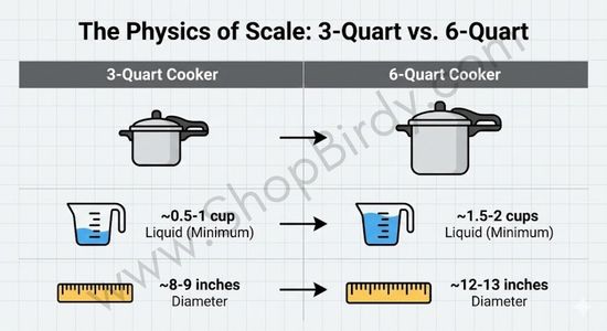 This infographic visually represents the key differences in scale between a 3-quart and a 6-quart cooker. It provides a clear, quantitative benchmark, highlighting the significant difference in liquid and space requirements.