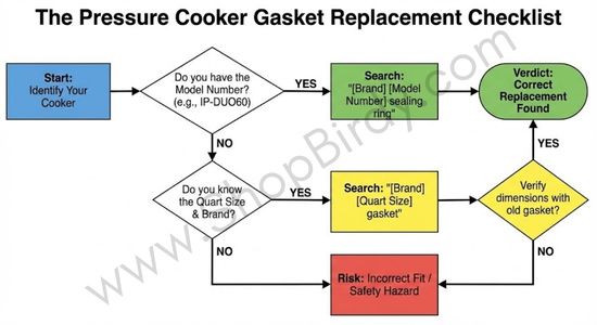 This flowchart guides the user through the critical steps of identifying their cooker's model number and brand, reinforcing the importance of getting an exact match to avoid safety hazards.