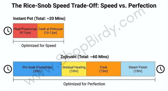 This timeline chart provides a clear visual representation of the time difference between the two machines. Zojirushi is slower as a deliberate, feature-rich process optimized for perfection, contrasting it with the Instant Pot's process optimized for speed.