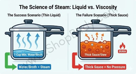 A clear, side-by-side comparison illustrating why a pressure cooker needs thin liquid to generate steam and build pressure, as opposed to thick sauces that can lead to burning and a failure to pressurize.