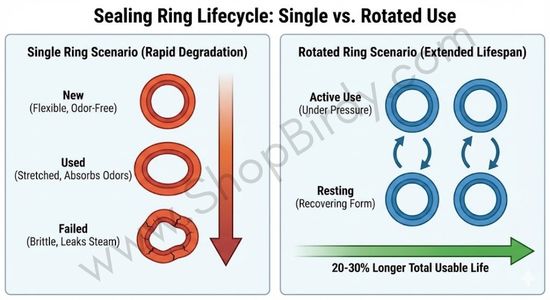 This diagram illustrates the concept of sealing ring degradation due to heat and pressure, and shows how rotating two rings can extend their total usable life.