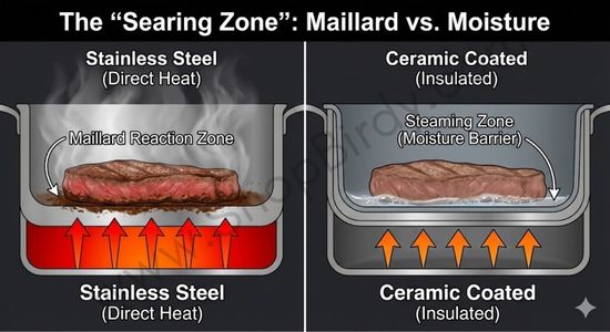 This diagram visually explains the "Stick Test" and "Searing Performance". It illustrates why stainless steel's direct heat creates a better Maillard reaction and fond, while the ceramic's insulated surface tends to trap moisture and steam food.