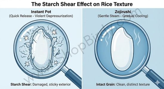 This visual powerfully illustrates The Starch Shear Effect. It makes the abstract concept of "starch shear" tangible, visually explaining the texture difference between the violent depressurization of an Instant Pot and the gentle cooling of a Zojirushi.