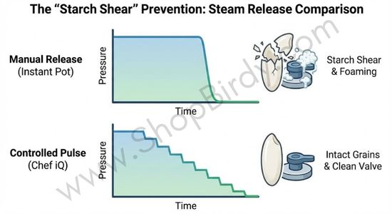 This set of line graphs illustrates the impact of different steam release methods on delicate foods like rice. It visually demonstrates how the Instant Pot's manual release can cause damage, while the Chef iQ's controlled pulse protects grain integrity.