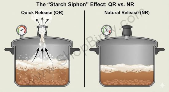 This diagram provides a powerful visual for your safety advice. It illustrates the "invisible" reason why Natural Release is crucial for starchy foods, showing how the rapid depressurization of a Quick Release can suck foam and food particles into the steam valve, potentially causing a clog.